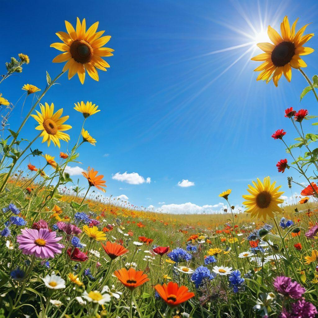 A serene landscape featuring a sun-drenched meadow filled with colorful wildflowers under a clear blue sky. In the foreground, a camera captures the vibrant scene while scattered photographs of smiling faces and joyful moments float around, radiating positive energy. The essence of happiness and tranquility is palpable in the air. super-realistic. vibrant colors. white background.