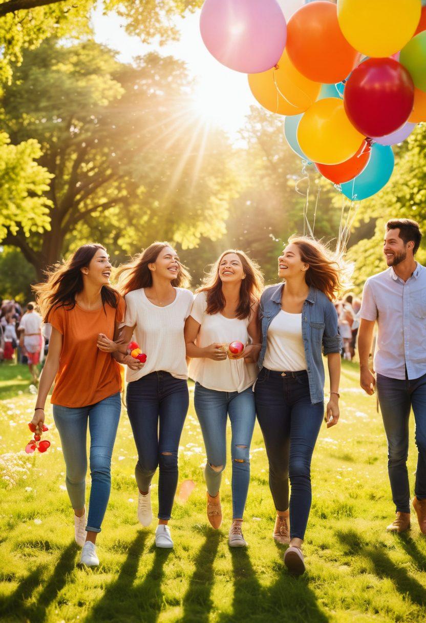 A vibrant scene filled with people laughing and sharing joyful moments in a sunlit park, surrounded by blooming flowers and colorful balloons. A diverse group of friends captures these moments with their cameras, reflecting happiness and connection. Soft, glowing sunshine enhances the uplifting atmosphere, making the image feel inviting and warm. super-realistic. vibrant colors. sunny background.