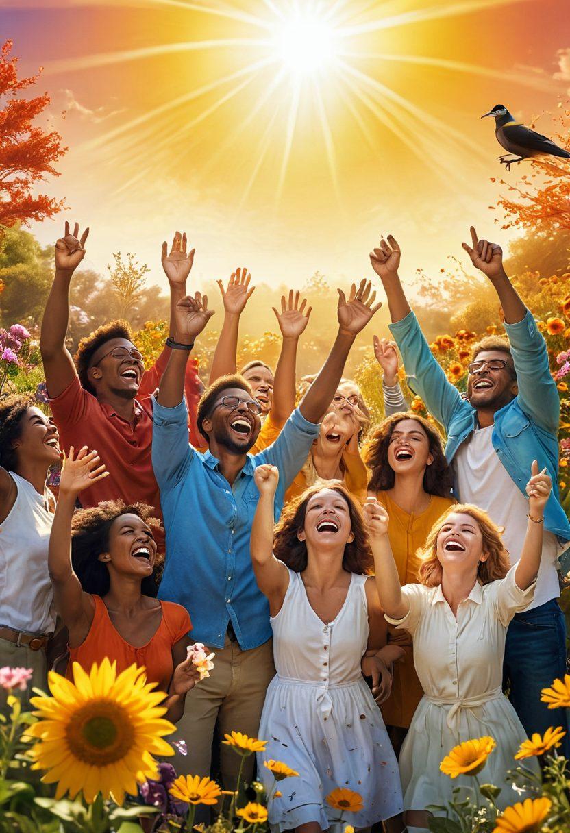 A bright sunburst emanating rays of vibrant colors over a serene landscape filled with blooming flowers and playful animals, emphasizing joy and positivity. In the foreground, a diverse group of people laughing and capturing joyful moments with cameras, surrounded by warm golden light. The atmosphere is infused with a sense of camaraderie and cheerfulness. super-realistic. vibrant colors. sunny background.
